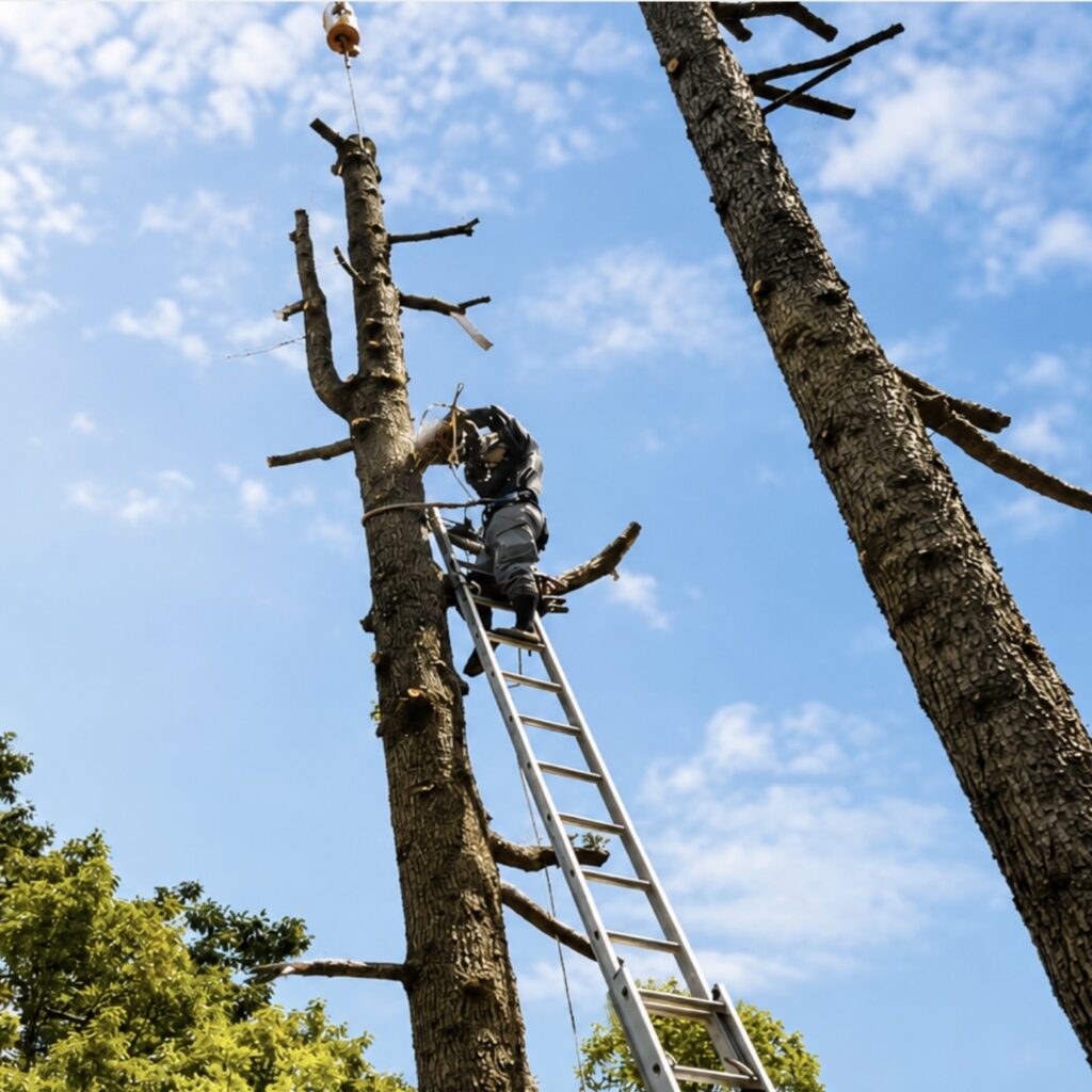 小松市のいざわ造園の職人による、古くなった庭木のチェーンソーを用いた安全な伐採施工
