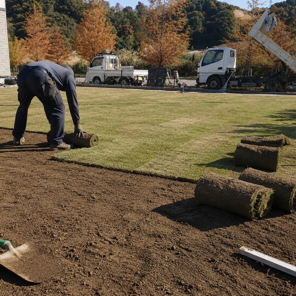 いざわ造園による、小松市のご自宅のお庭への高品質な芝生(高麗芝など)張り施工の様子